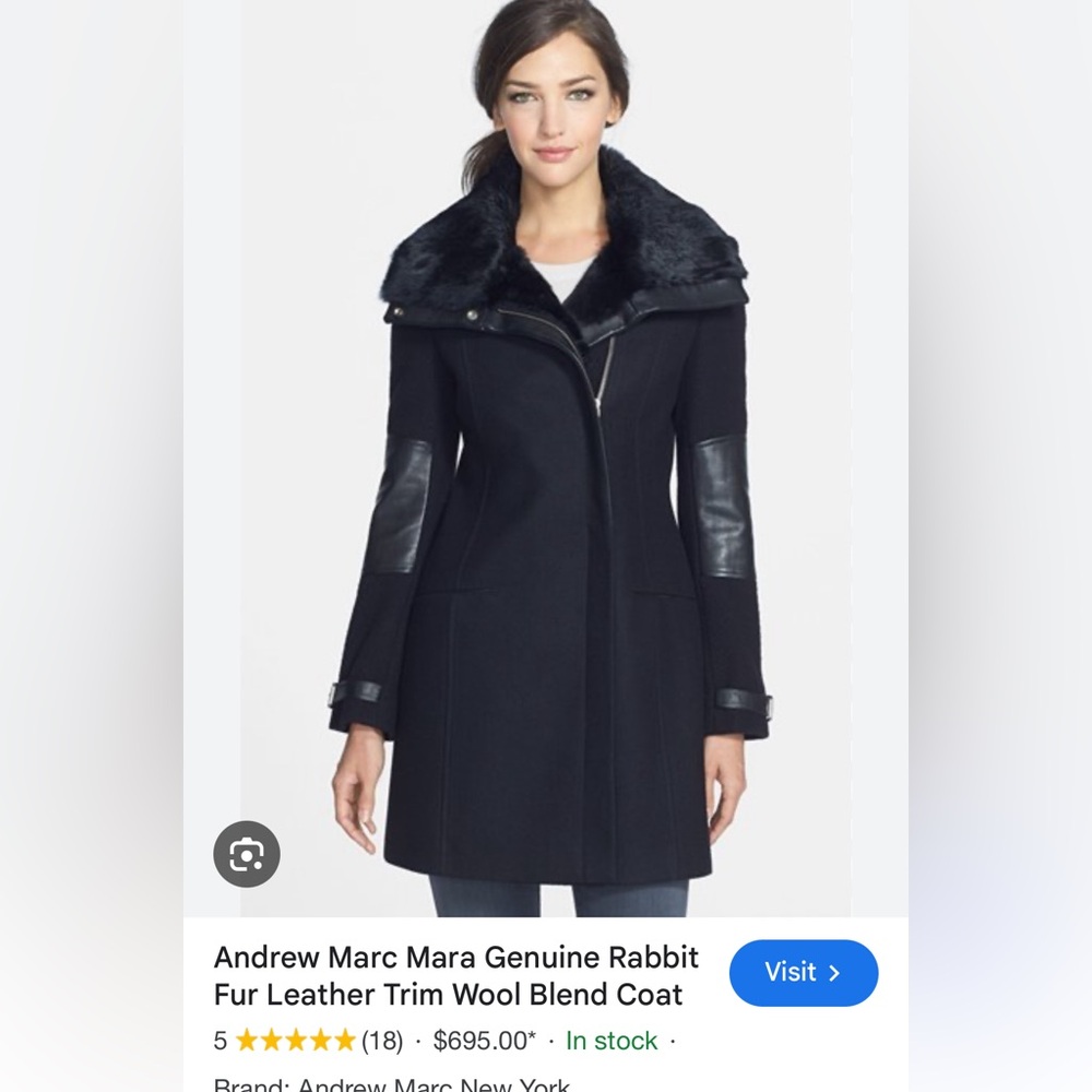 Andrew Marc Mara coat like new 6 black with grey rabbit fur